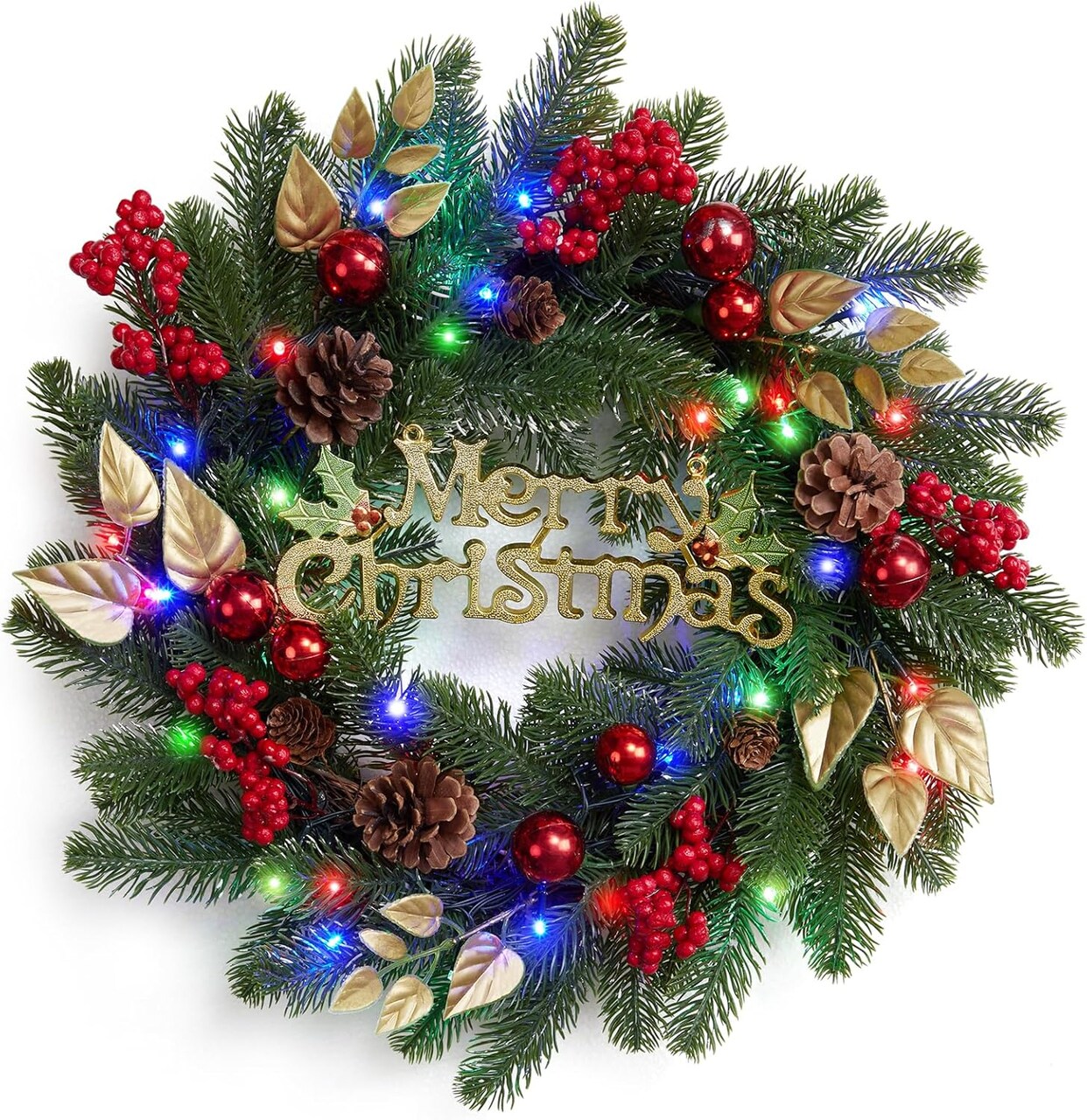 Lighted Outdoor Christmas Wreath with 40 LED Lights Timer Pine Cones (Colorful Lights)